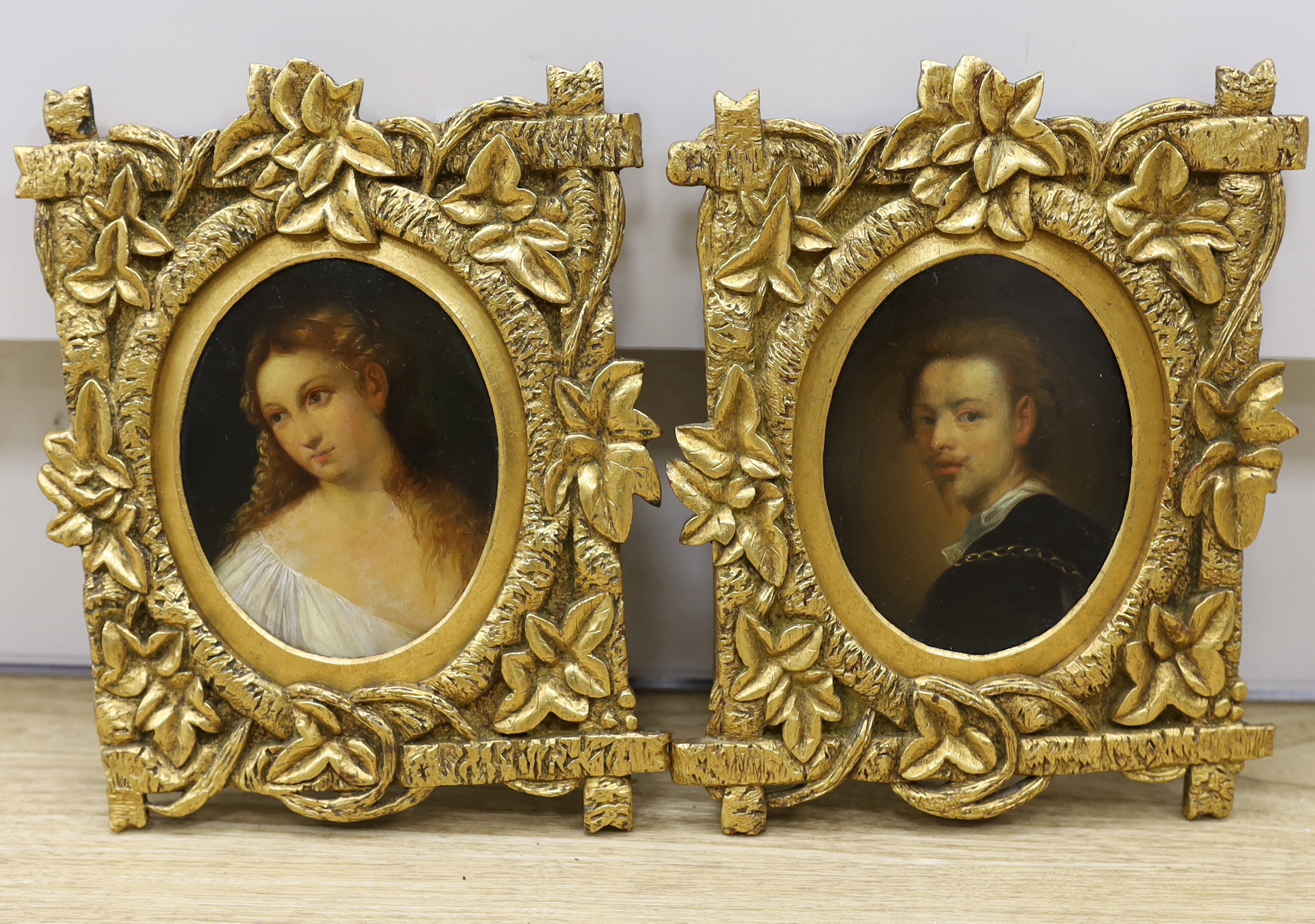 19th century Dutch school, one after Sir Anthony Van Dyck (1599-1641), pair of oils on board, Portraits, 13 x 10cm, oval, ornate gilt framed